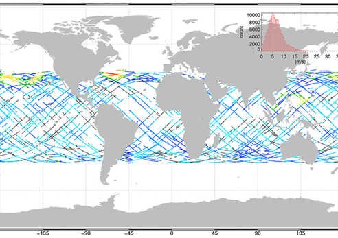 map shows the ocean surface wind measurements 
