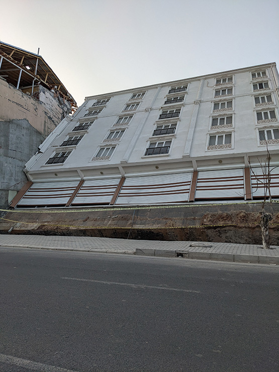 A building that rotated due to liquefaction-induced damage to its foundation in Gӧlbaşı, Türkiye