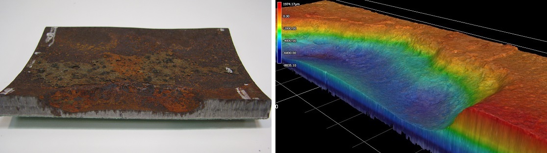 Figure 1: MIC corrosion from the field, laser scan imaging and measurement of the corroded sample.