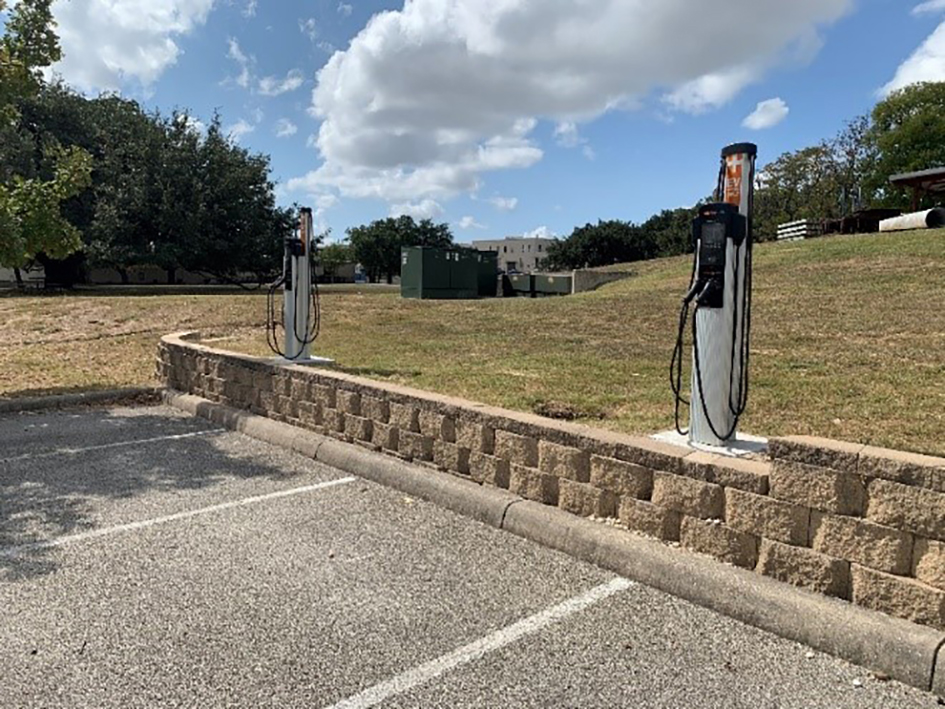 Parking lot photo with two chargepoint stations.