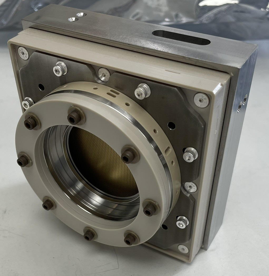 Photo of assembled 50mm MCP detector with cross delay line anode and HV decoupling board