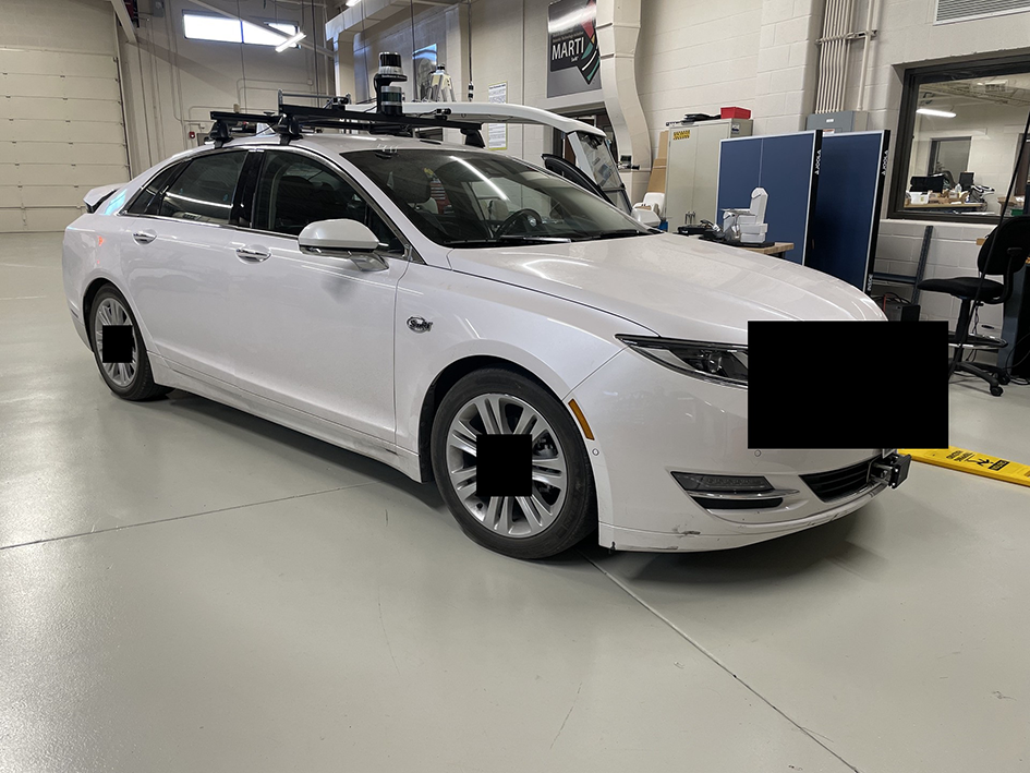 SwRI-Owned Lincoln MKZ Outfitted with LIDAR, GPS, Wheelspeed, and other sensors.
