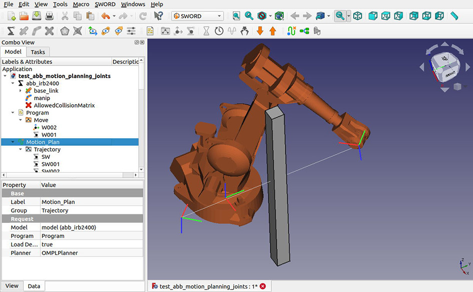 FreeCAD application with a SWORD workbench and a motion plan displayed on a 3D workspace.
