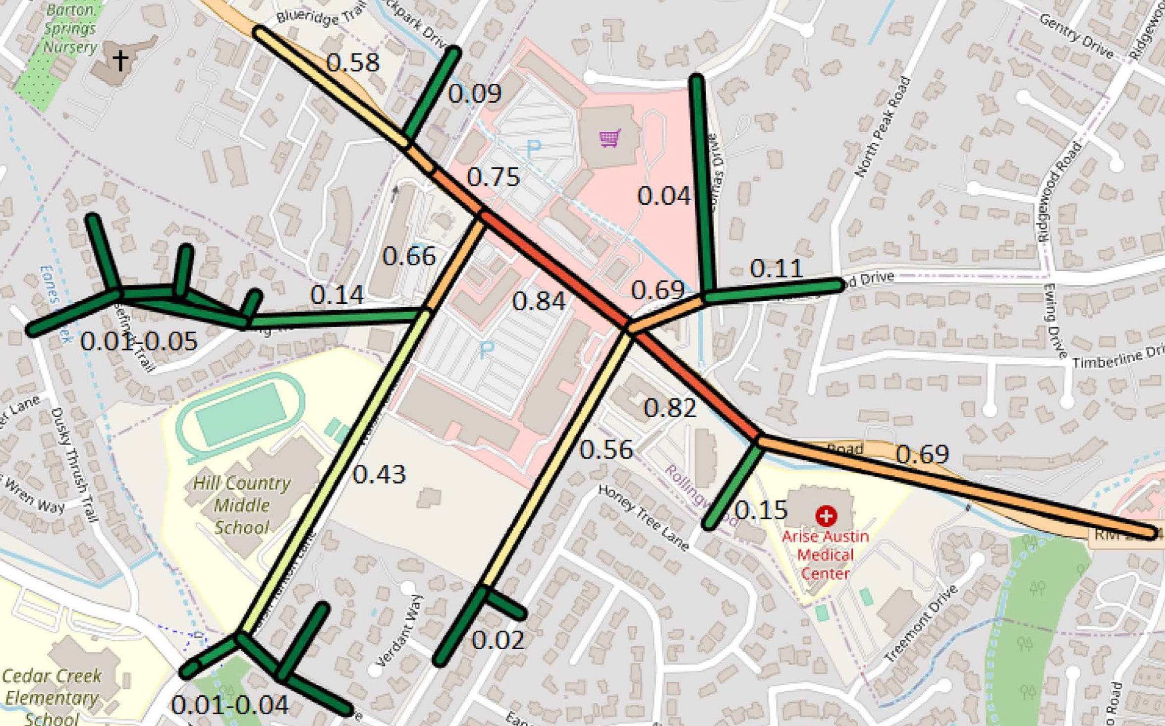 Map showing crash probabilities with a car accident