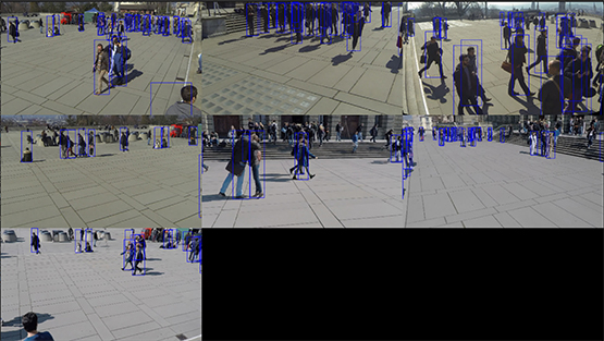 Seven simultaneous camera feeds showing a crowd of detected pedestrians
