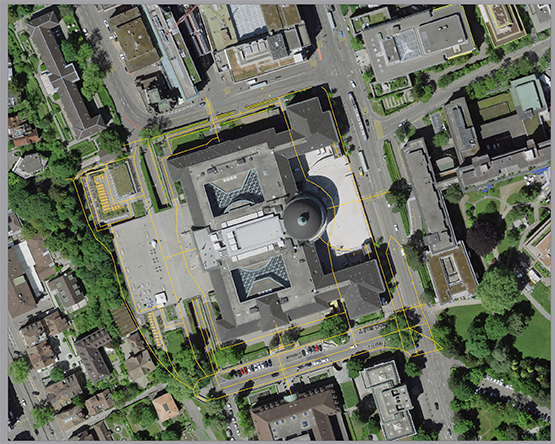 Satellite imagery projected into a local topographic frame around the 7 cameras