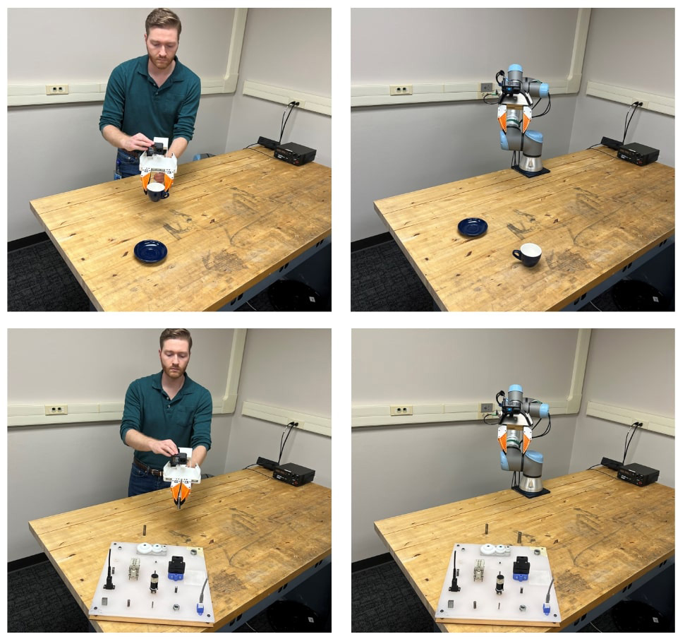 Four photos laid out in a grid with left photo showing example data collection and right photos showing robotic setup