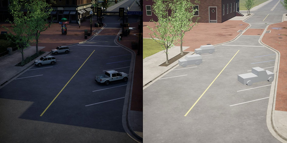 High-quality (left) and low-quality (right) versions of simulated scene.