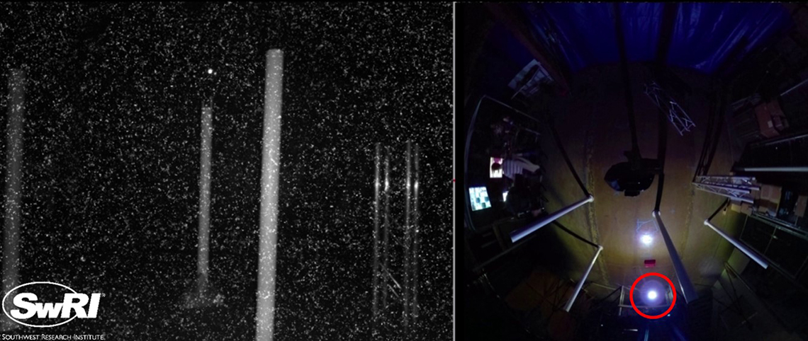 UAS autonomously flying through an obstacle course in the dark and in the presence of visual noise. Left: UAS camera image. Right: Overhead view of obstacle course. The UAS is circled in red.