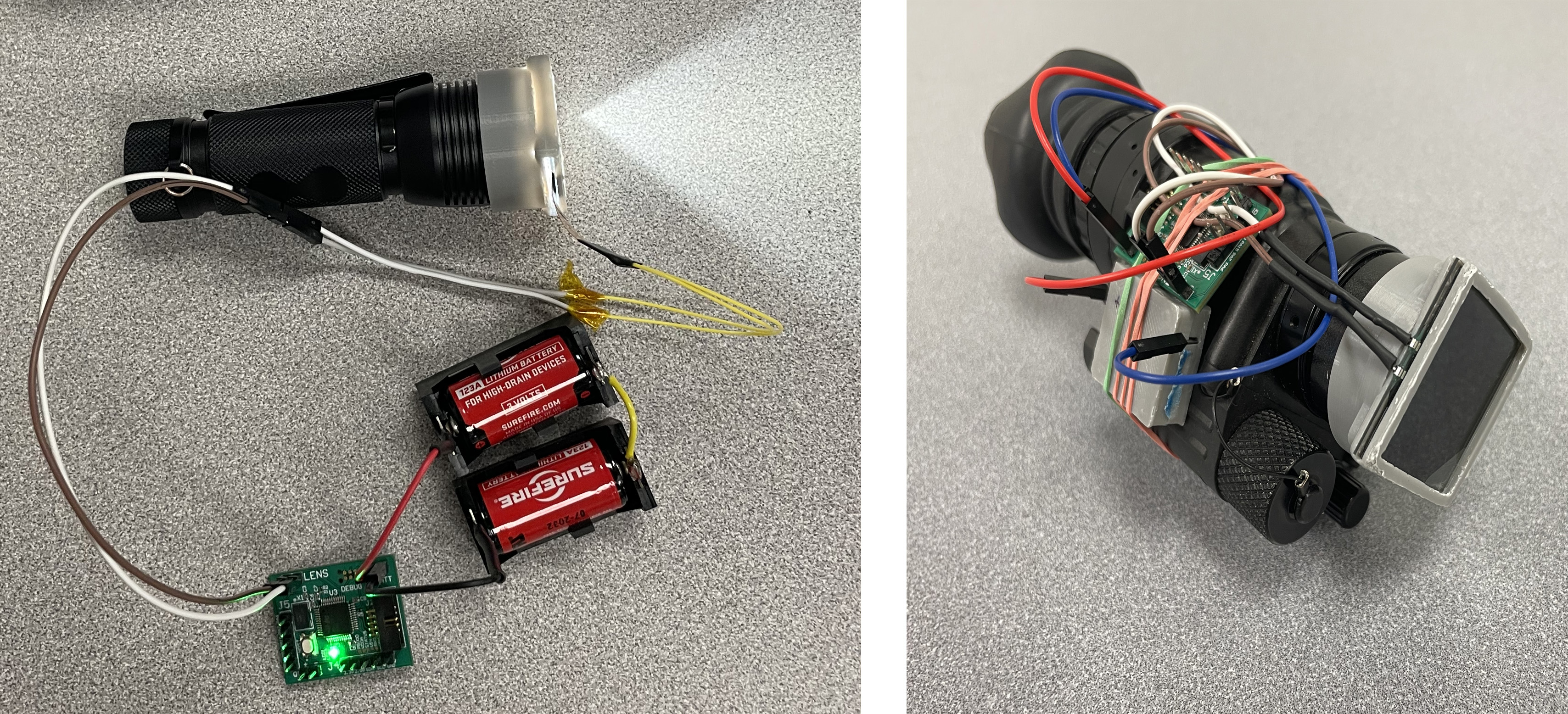 Photos of Concept demonstration hardware of a strobing flashlight dazzler (left) and synchronized anti-dazzling cover for a night vision scope (right)