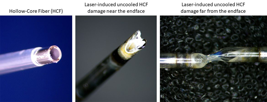 left is an un-used HCF while the center and right view show damage at the end face location and at 17 cm from the end face
