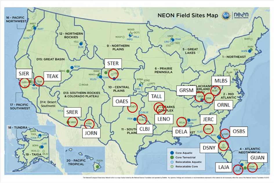 Locations of the core and relocatable NEON terrestrial field sites.