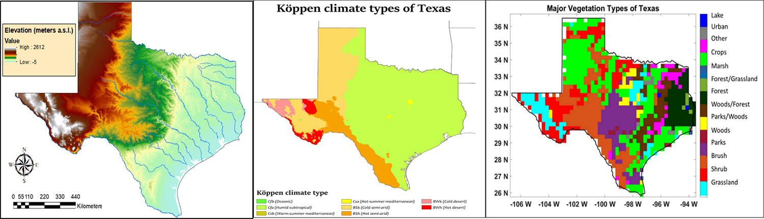 (left) Texas digital elevation model. (middle) Texas Koppen map. (right) Texas land-cover categories