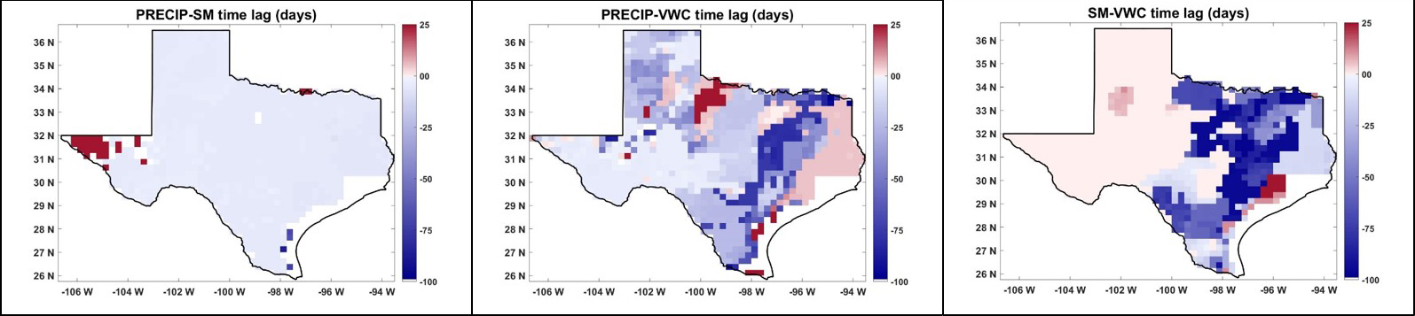 maps of texas showing calculating the cross-correlation function (ccf) and the time lag (shift of one hydrologic attribute relative to the other, in the time domain) at which ccf becomes maximum