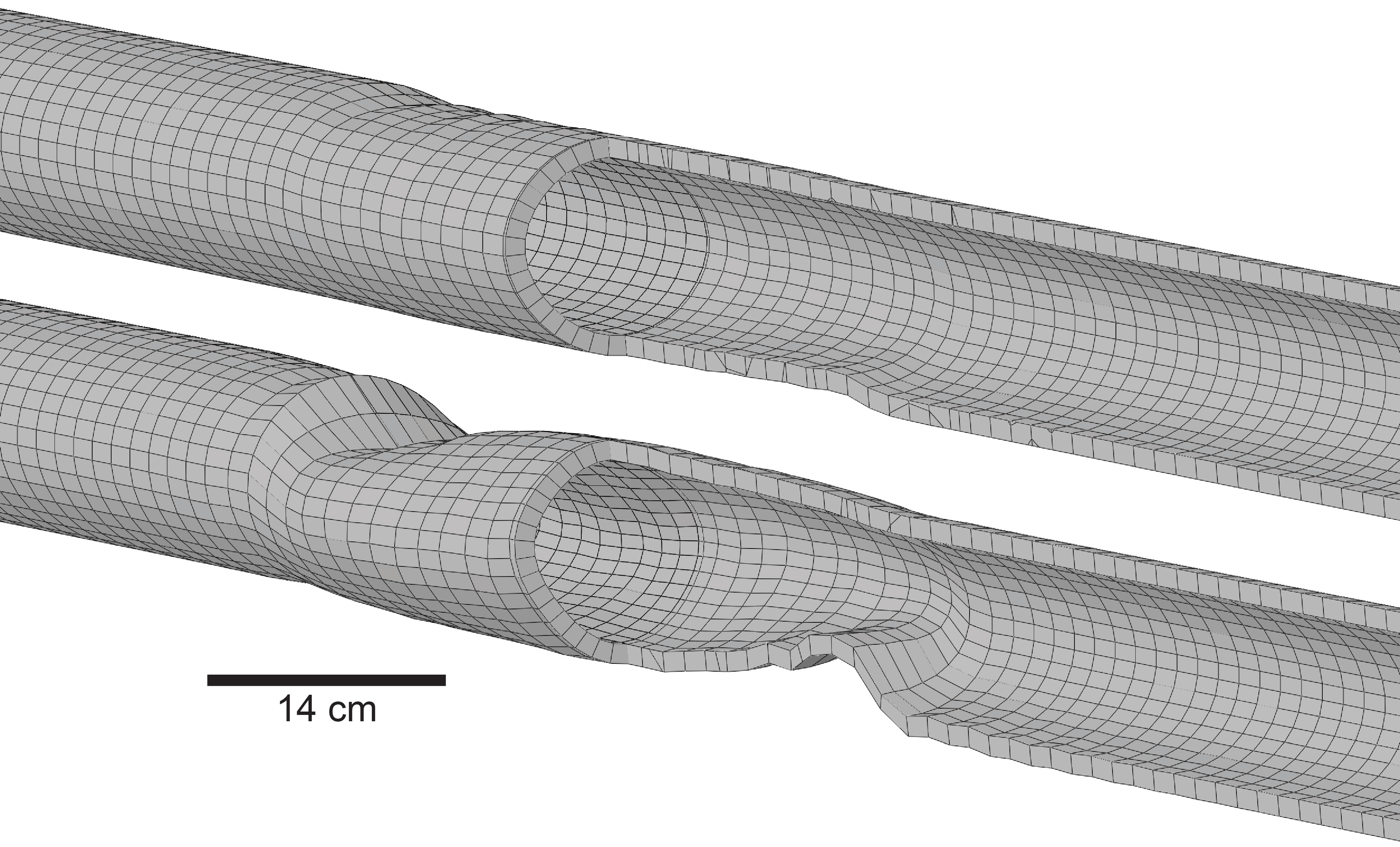 3D model showing results with deformed casing subject to 5 cm (top image) and 15 cm (bottom image) of bedding-plane slip.