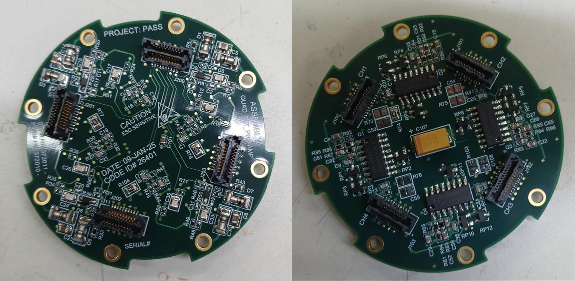 Image of pre-amplifier board, top (left) and bottom (right) views.