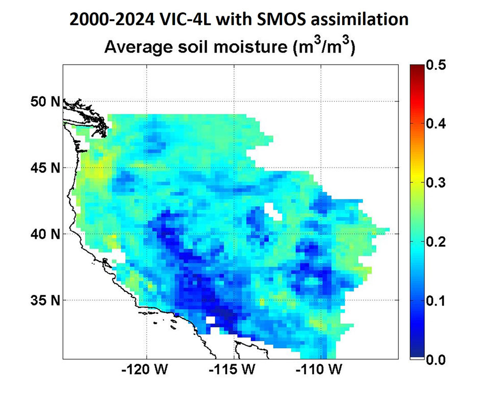 Map of 2000-2024 average soil moisture (m3/m3) derived by the fusion of retrospective hydrologic simulations with satellite soil moisture observations.