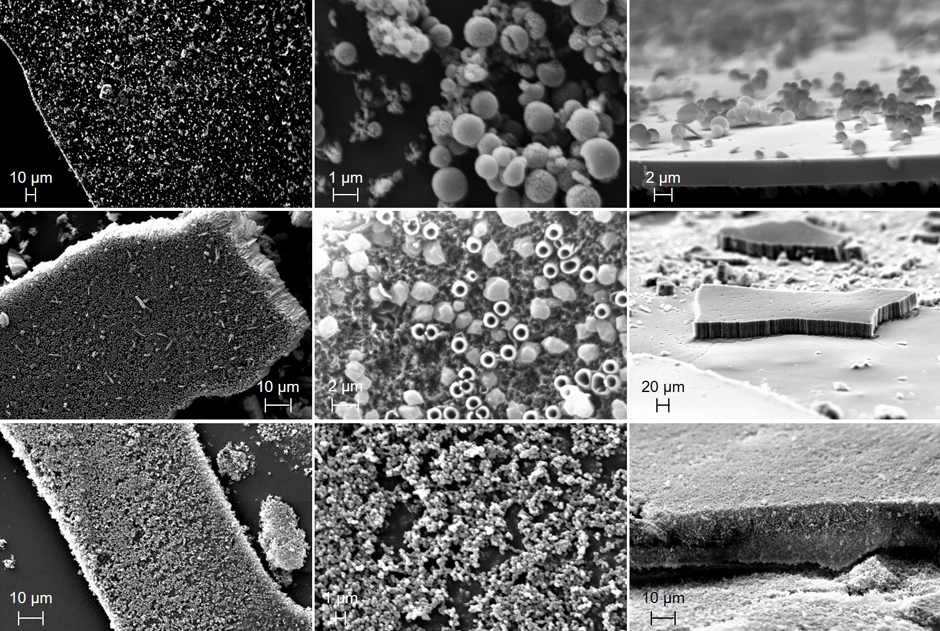 SEM images of the tholins produced at the pressures of 0.01 torr (top row), 0.1 torr (middle row), and 1 torr