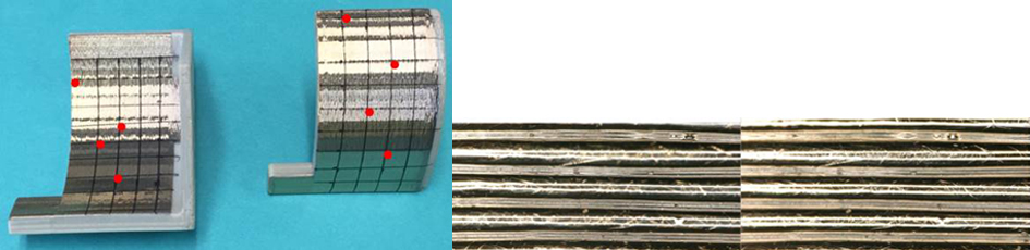 metalized surfaces of the simple 90o ESA with red dots showing the locations where surface resistance measurements were taken