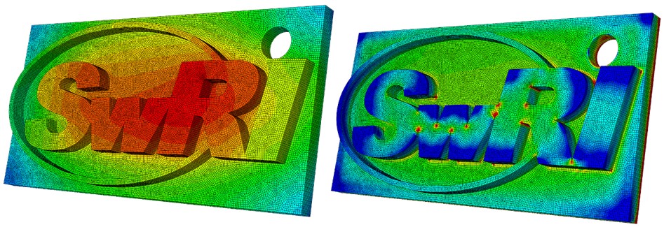 Figure 1: Temperatures and residual stresses predicted using the additive manufacturing framework developed during this project.