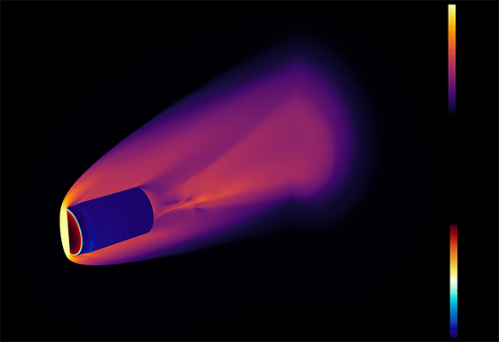 artistic rendering of flat-faced cylinder at Mach 17 showing surface pressure and total gas temperature