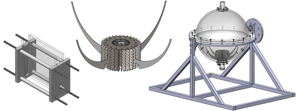 illustration of designed components (left) wedge test apparatus, (middle) sponge and vane PMD design, (right) neutral buoyancy test bench