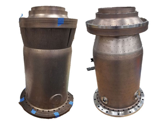 A photo of the “as printed” liner [left] that was post-machined to produce the final assembly [right].