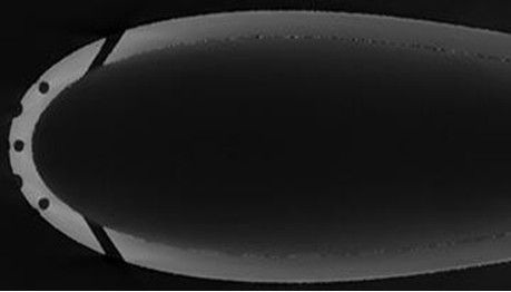 Image of CT scan of additively manufactured Inconel strut shows clear holes and channels and no obvious deformities