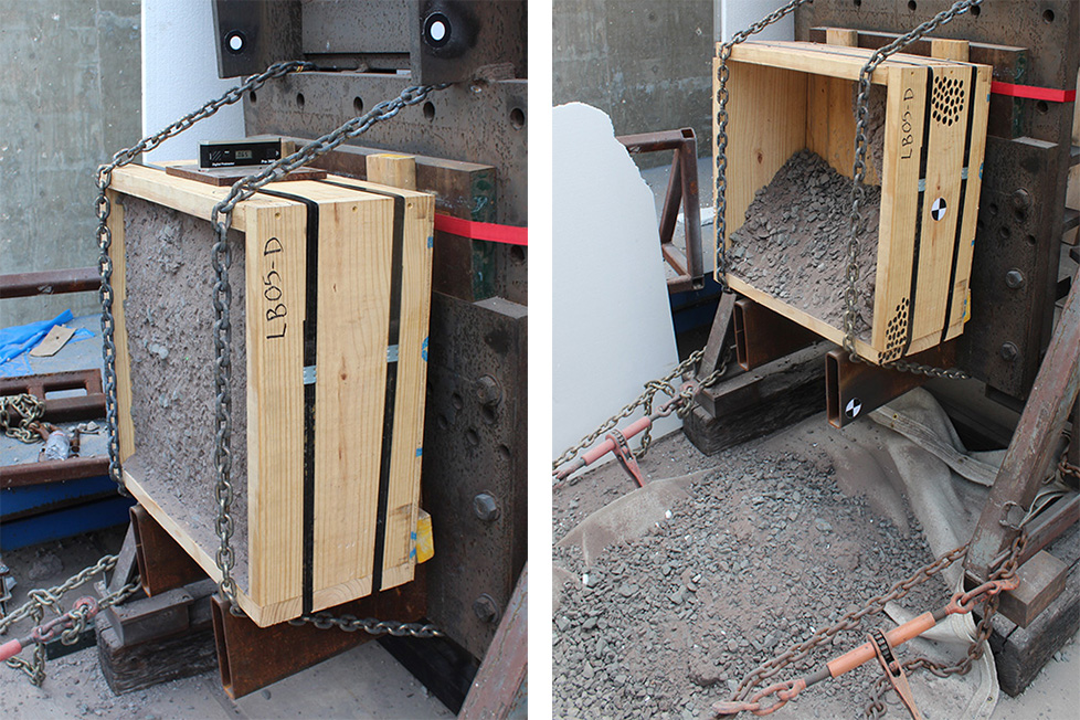 Two images showing per and post test of aluminum sphere into a crushed basalt target