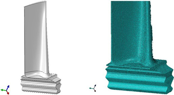 Turbine blade CAD geometry and corresponding mesh near blade root.