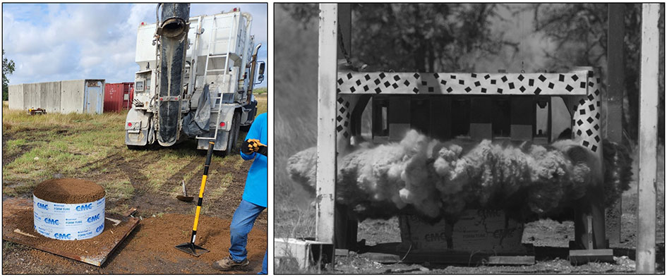 Mobile mixing truck (left) and high-speed video image from small-scale landmine detonation test (right).