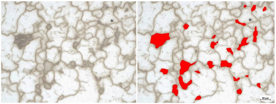 (left) Microstructure of AM Alloy 718. (right) mnant columnar structures in RED from the AM and post-build thermal processes