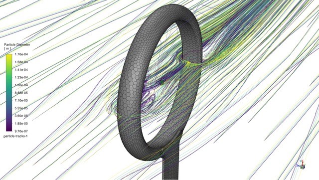 Figure 1: Examples of the particle trajectories in the simulations under Mars condition. The wind is flowing from the bottom left of this image. 
