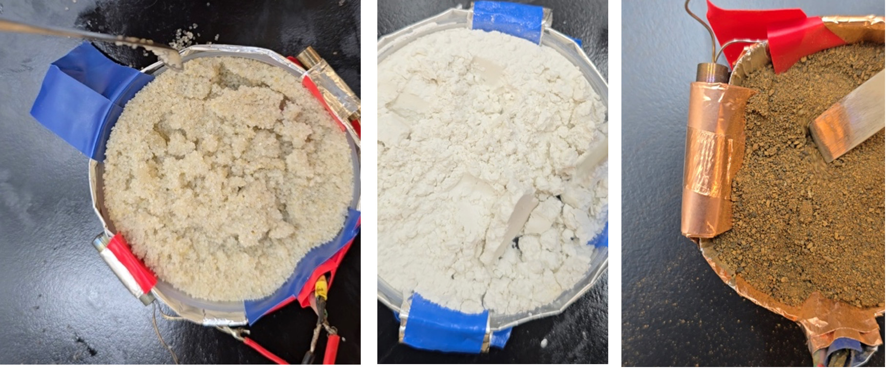 Three photos of formed crusts or conglomerates in experiment: using (left) sand, (center) Sil-Co-Sil 125 and (right) JSC-1A Mars