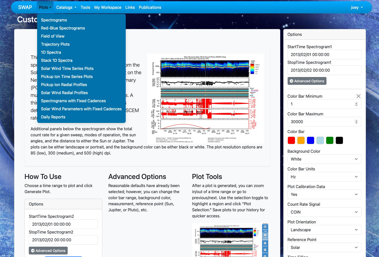 Screenshot of example updates to the Solar Wind Around Pluto (SWAP) instrument website and tools.