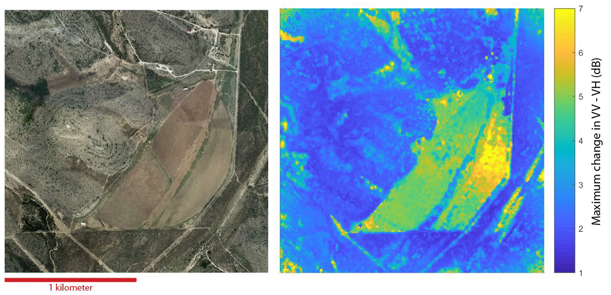 Visual image and range of a radar backscatter index observed in the upper Devils River watershed