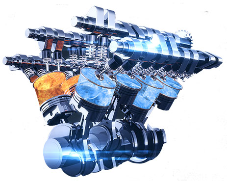 3D disgram of a V8 engine with the content of the cylinders visible