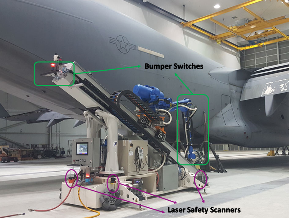 Safety system with laser safety scanners and bumper switches