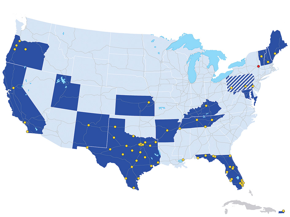 Map of the United States with certain states highlighted in blue and certain cities circled in yellow. 