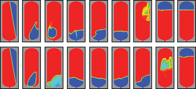 Various images showing different orientations of liquid (red) and vapor (blue) inside a tank