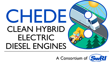 Logo for CHEDE, Clean Hybrid Electric Diesel Engines. There is an outline for the number 8 with transportation graphics and symbols within the 8 shape. A consortium of SwRI.