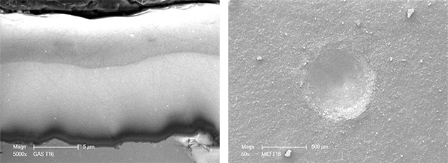 cross-sectional SEM micrograph and HRC indentation performed on the surface of the coating 