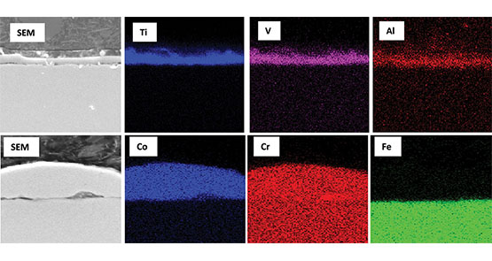 cross section of steel coated with titanium alloys (top) and cobalt chrome alloys (bottom)