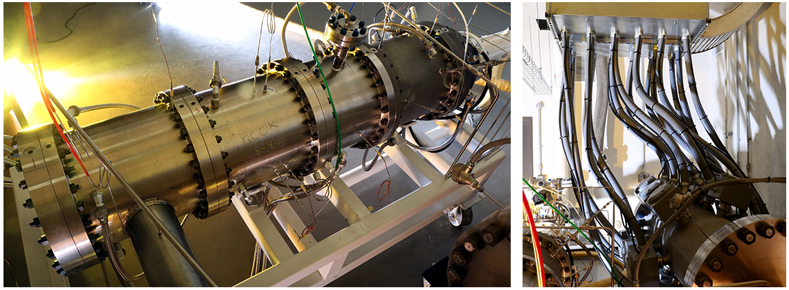 Combustor (left) made from a pressure vessel fabricated from a thick-walled high-temperature cast steel alloy; 2-megawatt electric heater (right)