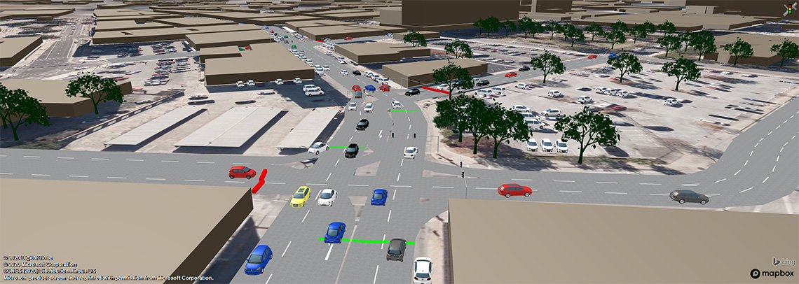 3D render of a 4 way stop, showing how traffic simulation software is used to evaluate eco-mobility tools.