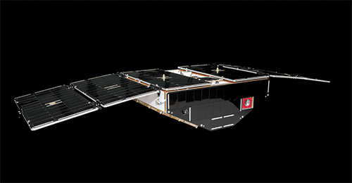 model of cygnss microsatellite on black background