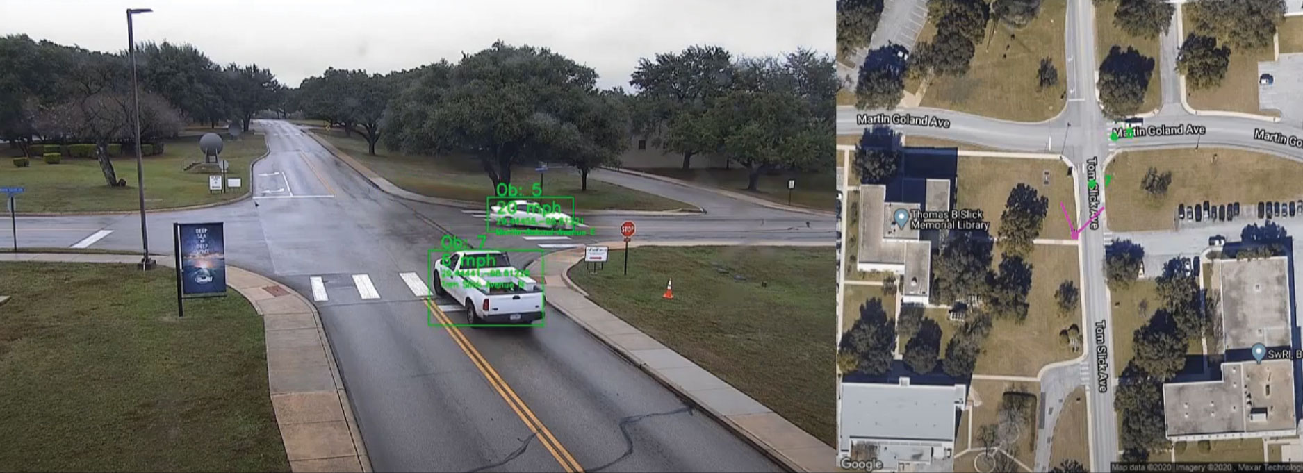 SwRI’s Active-Vision™ system tracking and sharing trajectory information on two vehicles at a 4-way intersection