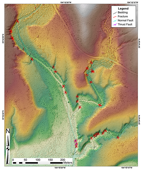 Digital topographic map generated by digital photogrammetry, showing measurements for faults, fractures and bedding.