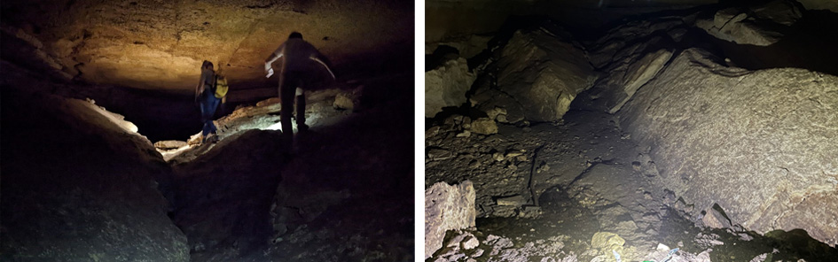 Two images, one inside a dark cave with two people walking through it, the other a lit up image of rocks in a cave
