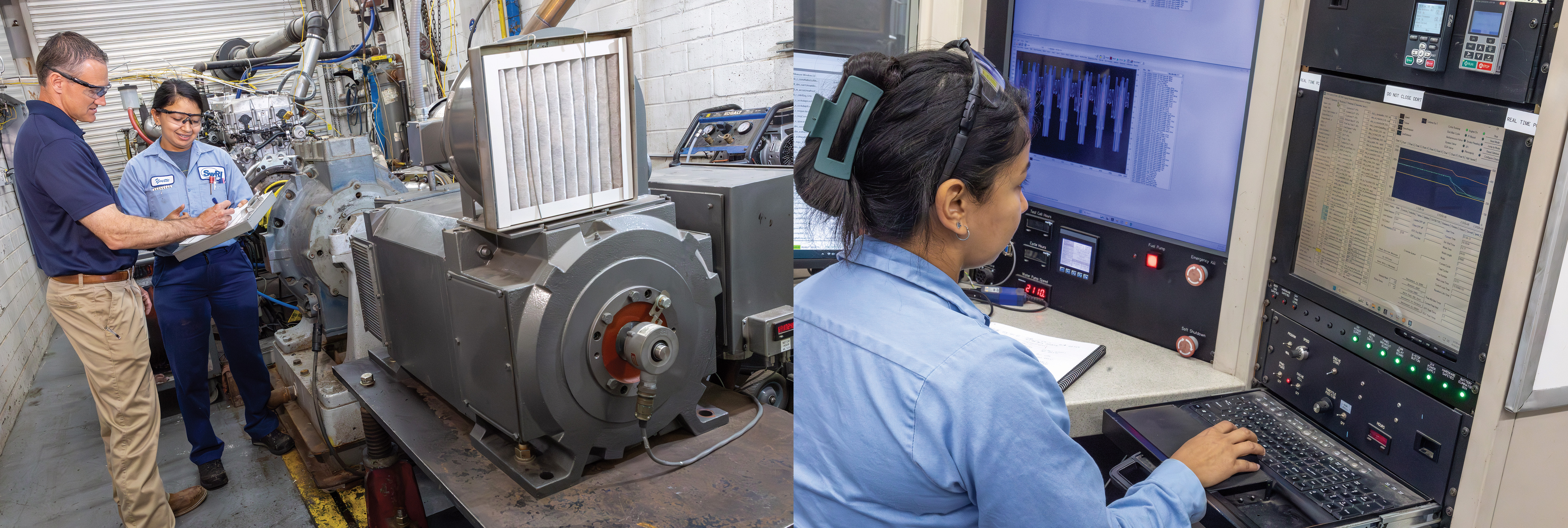Left image: Two SwRI staff standing by AC dynamometers and Right image: SwRI staff at control panel